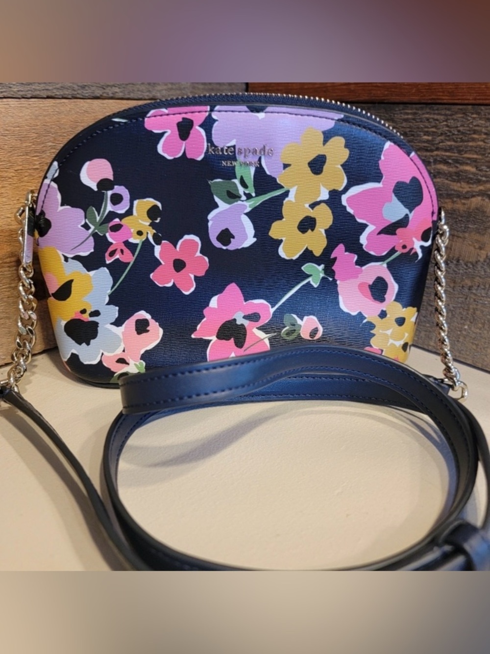 kate spade Sylvia Wildflower Dome Crossbody - Navy with Pink & Yellow Flowers